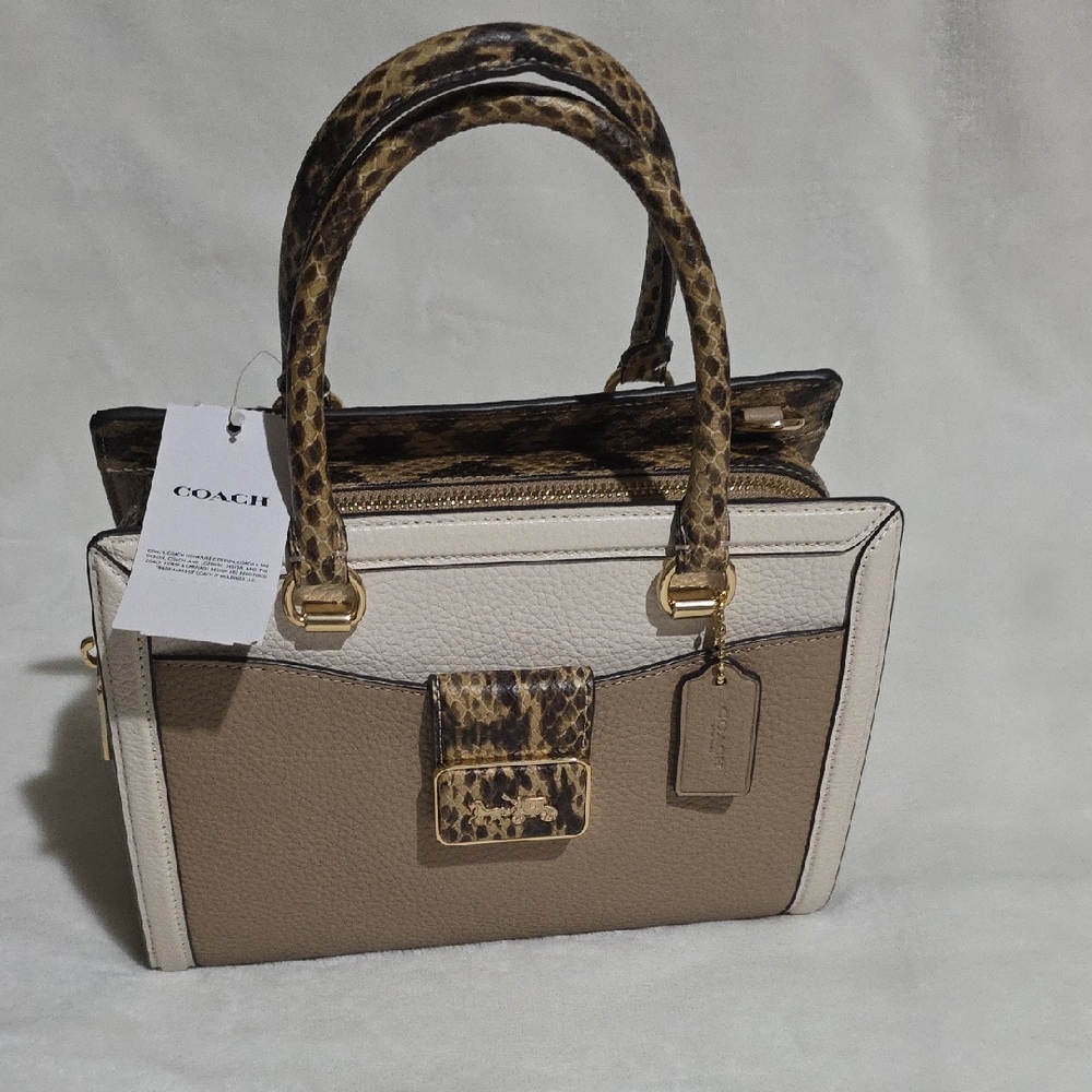 Coach Cream and Brown Satchel with Animal Print Accents‎
